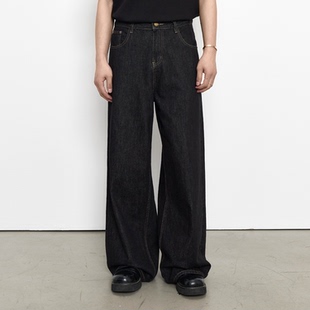 夏季 男士 宽松A字复古黑牛仔裤 廓形直筒无弹拖地长裤 垂感原牛