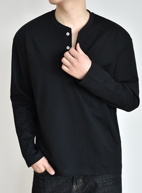 【亨利领】高级柔感棉长袖t恤男老钱春秋垂感短宽打底衫cleanfit