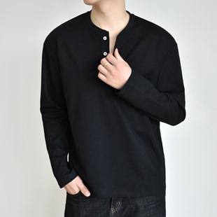 t恤男老钱春秋垂感短宽打底衫 高级柔感棉长袖 cleanfit 亨利领