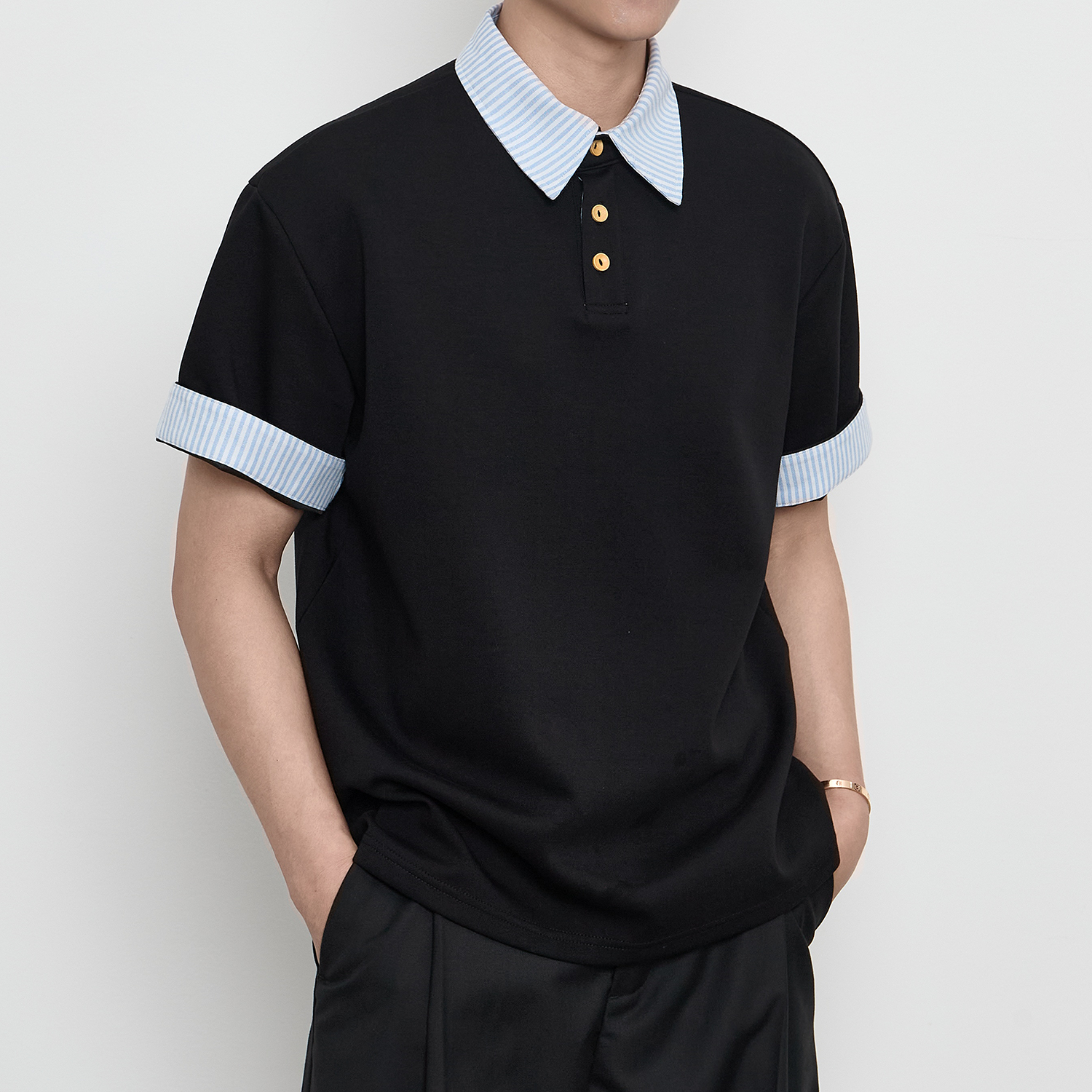 【条纹POLO】假两件老钱风短袖男