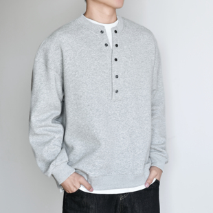 t恤男春秋厚款 亨利领重磅挺括长袖 休闲上衣套头 假两件卫衣