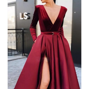 礼服深V性感开叉T台礼服走秀演出宴会年会礼服 dress长袖 wine red