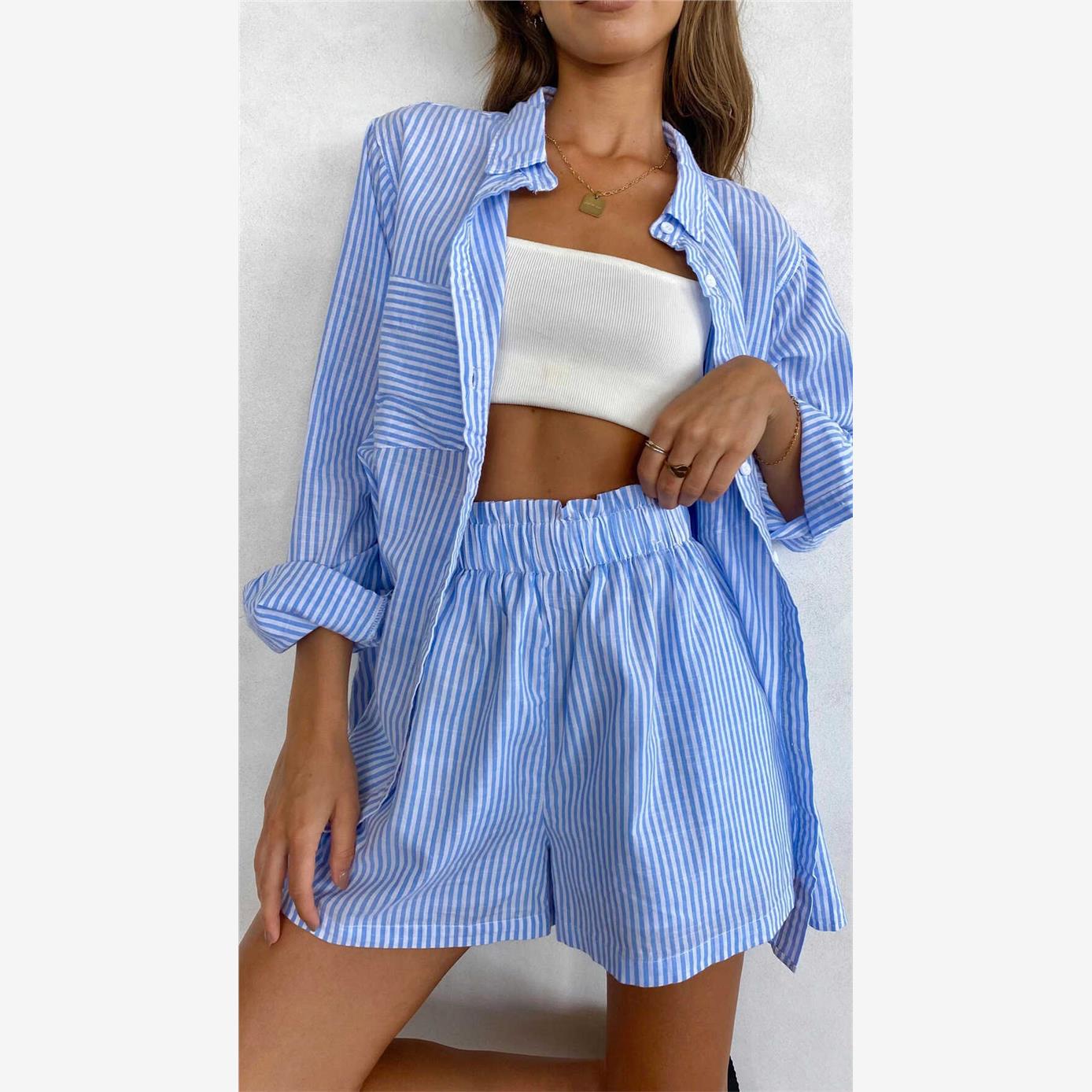 欧美休闲套装翻领长袖衬衫上衣短裤两件套女Women two-piece set
