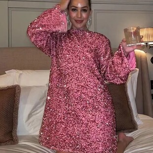 Women sexy sequin dress欧美风长袖宽松大码性感亮片短款连衣裙