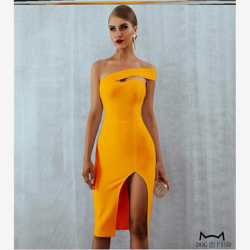Slant collar dress women性感露肩开叉抹胸连衣裙修身气质礼服裙