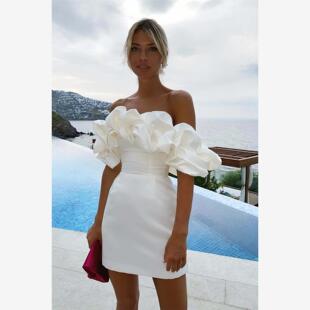 Sexy party dress网红生日订婚礼服荷叶边一字肩毕业礼轻奢连衣裙