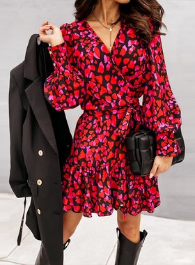 2021Neck Red Party Dresses Autumn Female A Line Office dress