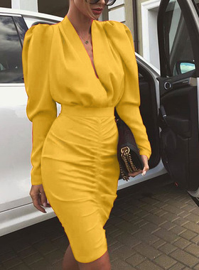黄色深V性感气质褶皱显瘦包臀连衣裙 Yellow sexy party dresses