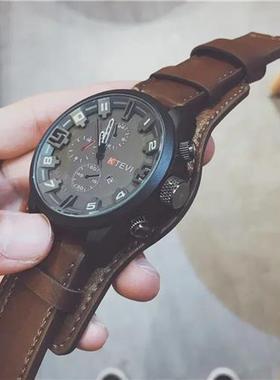 Watch Men Large Dial Sport Watches Leather Strap Oversized Q