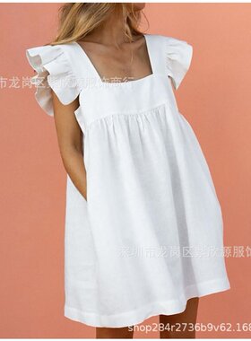 连衣裙荷叶边袖印花休闲