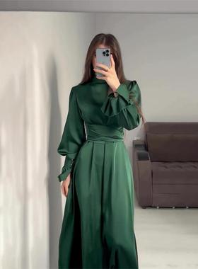 Women shirt long sleeved dress法式女气质名媛绿色衬衫连衣裙