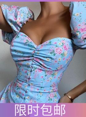 蓝色高腰方领泡泡袖短袖碎花连衣裙仙Bubble sleeve Floral Dress