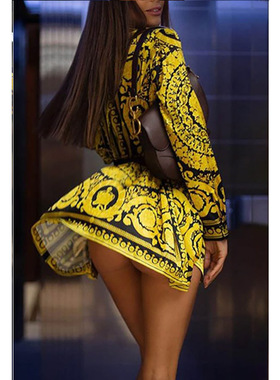 DRESSES 复古印花宫廷风连衣裙衬衫领黄色中长裙子小众设计感女装