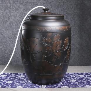 陶瓷水缸家用储水纯净水桶茶台专用泡茶桶建水紫陶抽水缸带盖30升
