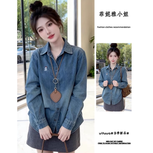 韩版独特超好看的牛仔衬衣女春秋季新款polo领刺绣休闲风加厚衬衫