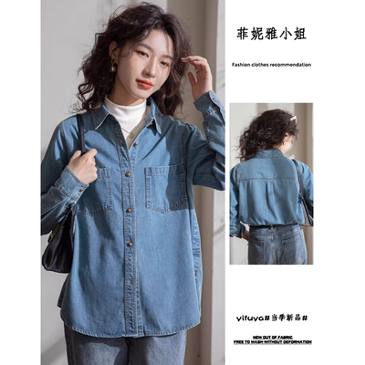 浅蓝复古加绒软牛仔衬衫女叠穿