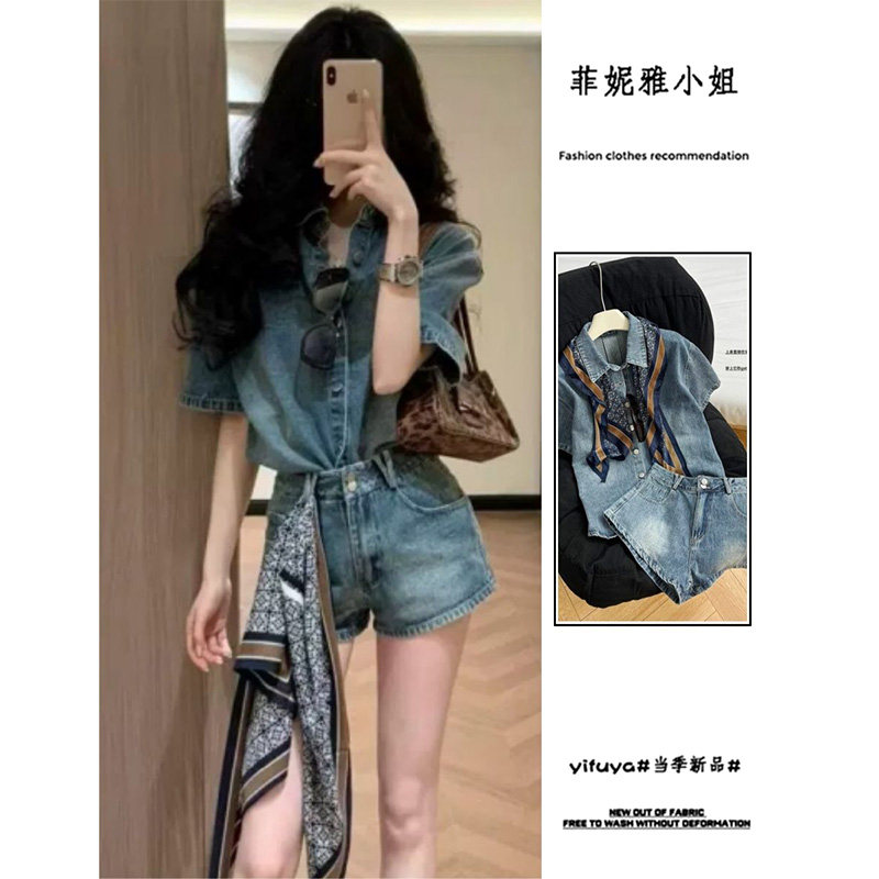 夏日出游套装复古宽松蓝色牛仔衬衫女港风休闲穿搭直筒短裤两件套