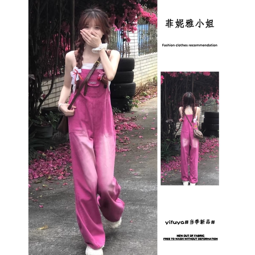 渐变水洗做旧复古背带裤潮高腰