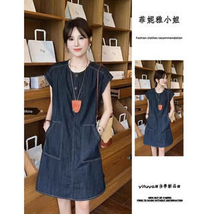 法式复古圆领背心连衣裙女2025夏季新款韩版宽松显瘦牛仔长裙学生