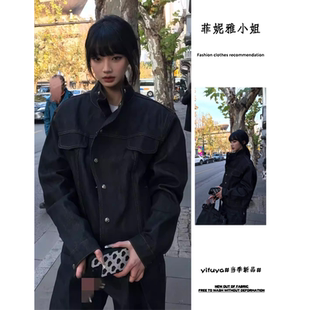 美式原牛黑色立领牛仔外套女款春季高街潮牌复古明线正肩工装夹克