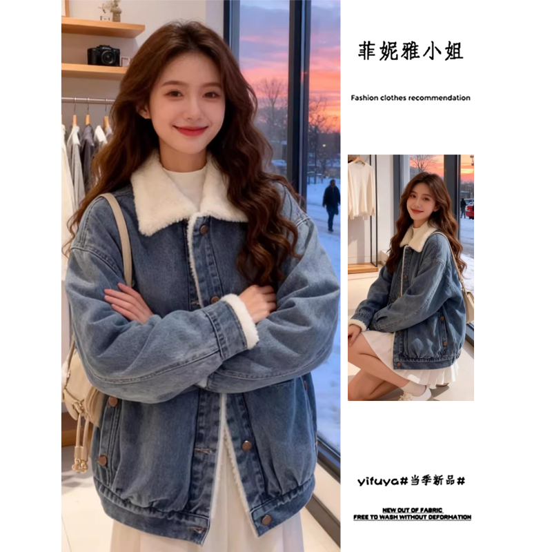 复古羊羔毛领牛仔外套女秋冬季