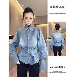 韩版复古牛仔风翻领收腰衬衫女春秋长袖气质显瘦百搭设计感短外套