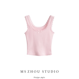 短款 美背修身 上衣 无袖 纯欲u领蝴蝶结蕾丝花边针织吊带背心女夏季