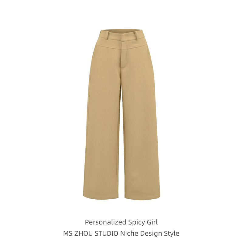 极简风卡其色高腰直筒西装休闲裤