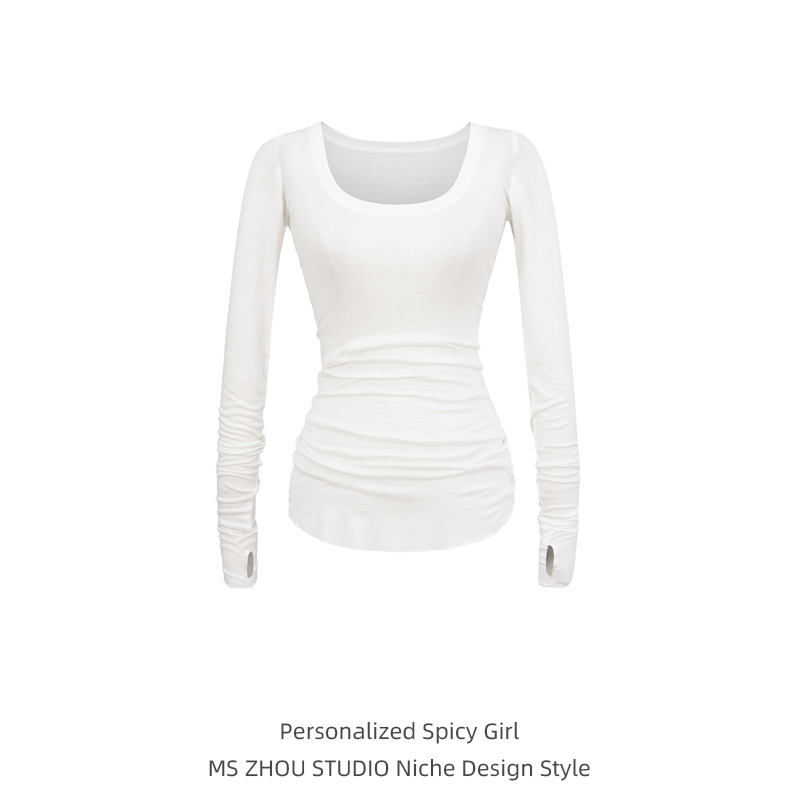 纯欲白色大U领微透长袖T恤打底衫