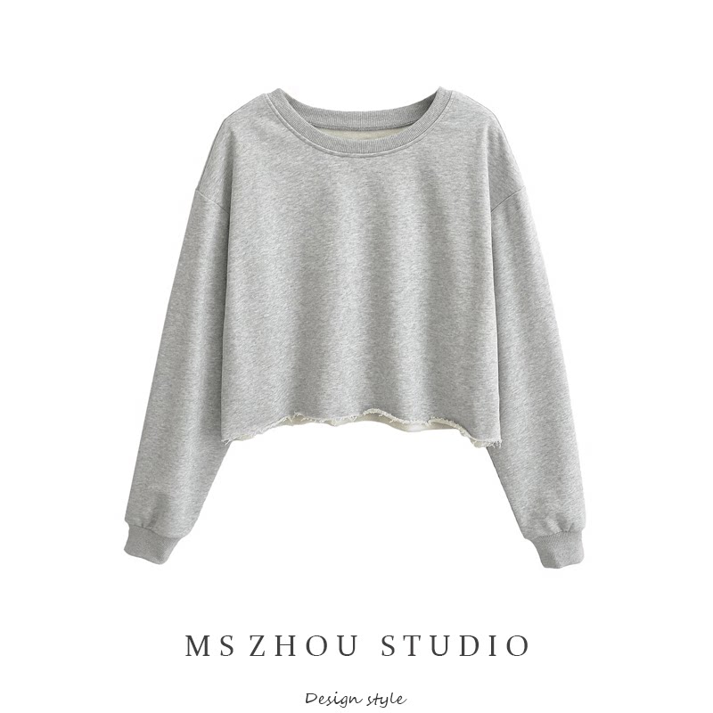 欧美风慵懒风宽松圆领卷边套头卫衣女秋季设计感露脐短款长袖上衣