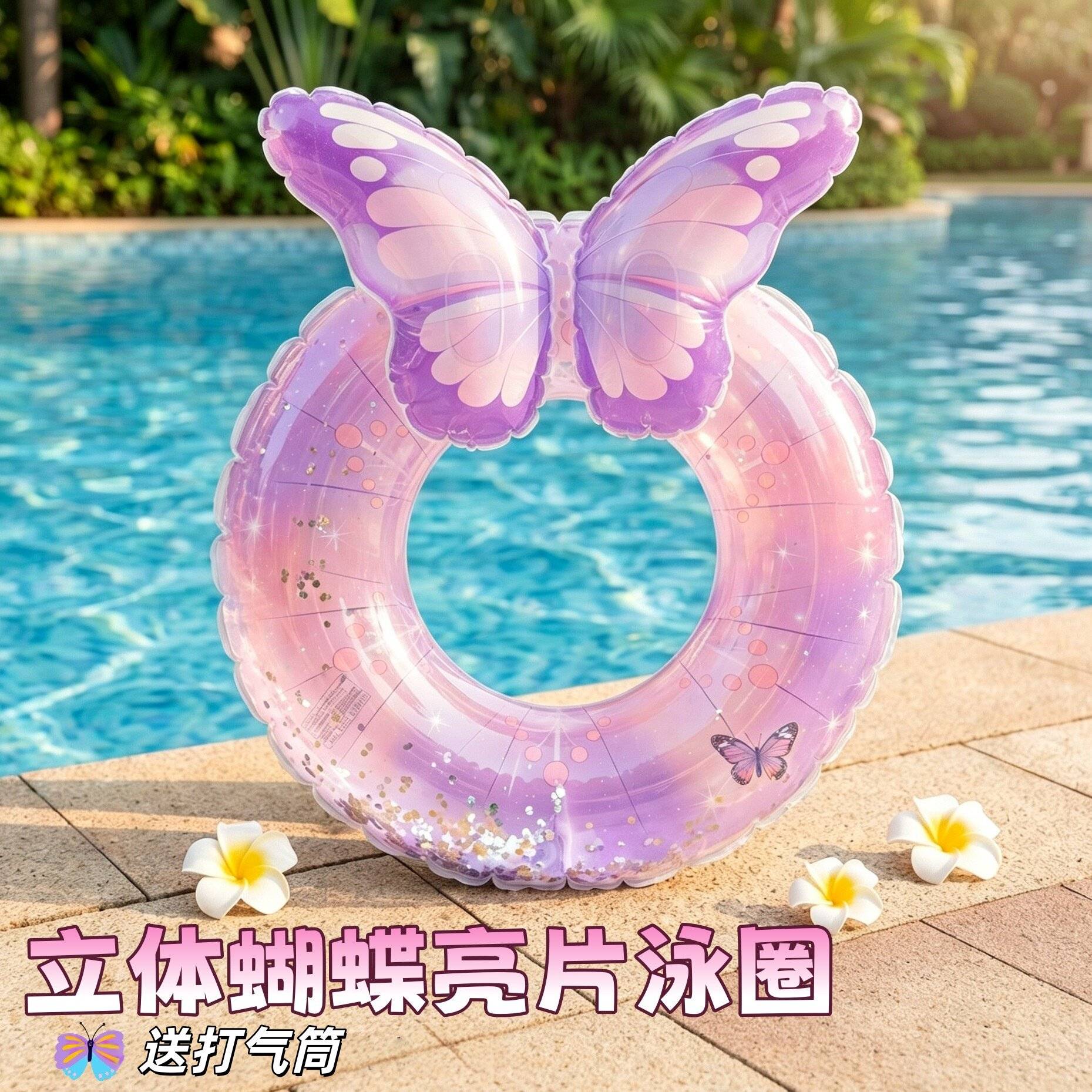 新款亮片蝴蝶游泳圈加厚透明防
