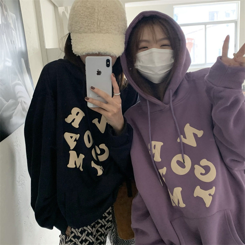 加绒连帽卫衣女秋冬宽松韩版新款女士学生上衣女装东南亚外贸