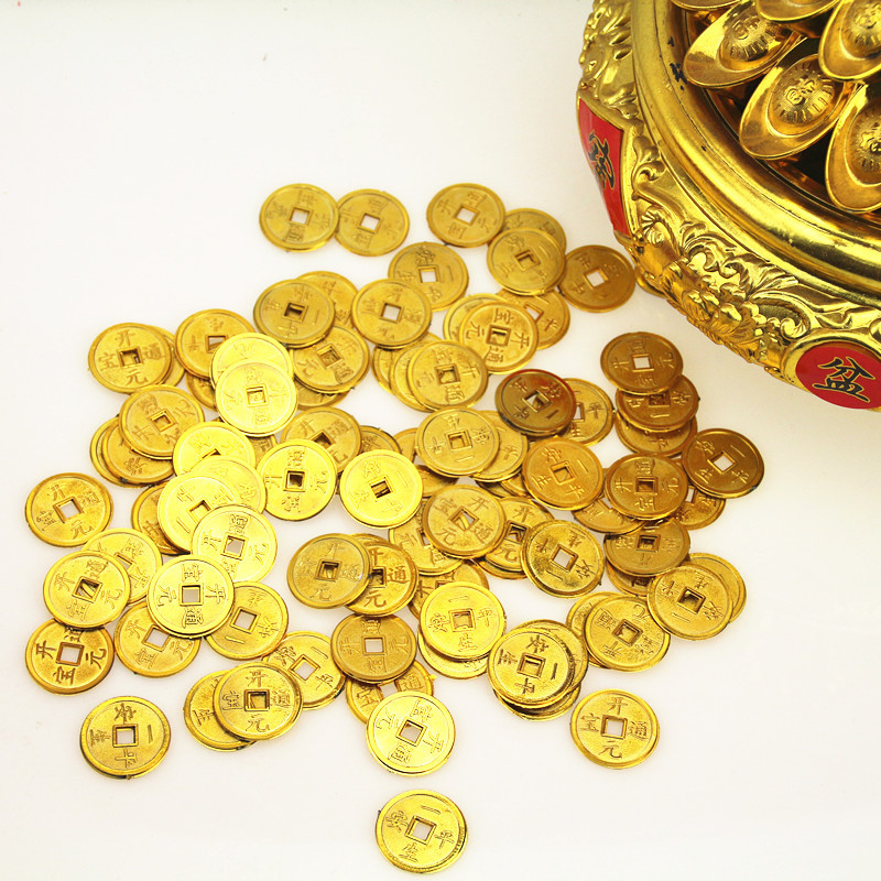 热销塑料仿真金色铜钱子孙桶装饰挂件配饰镀金花生元宝配件金币