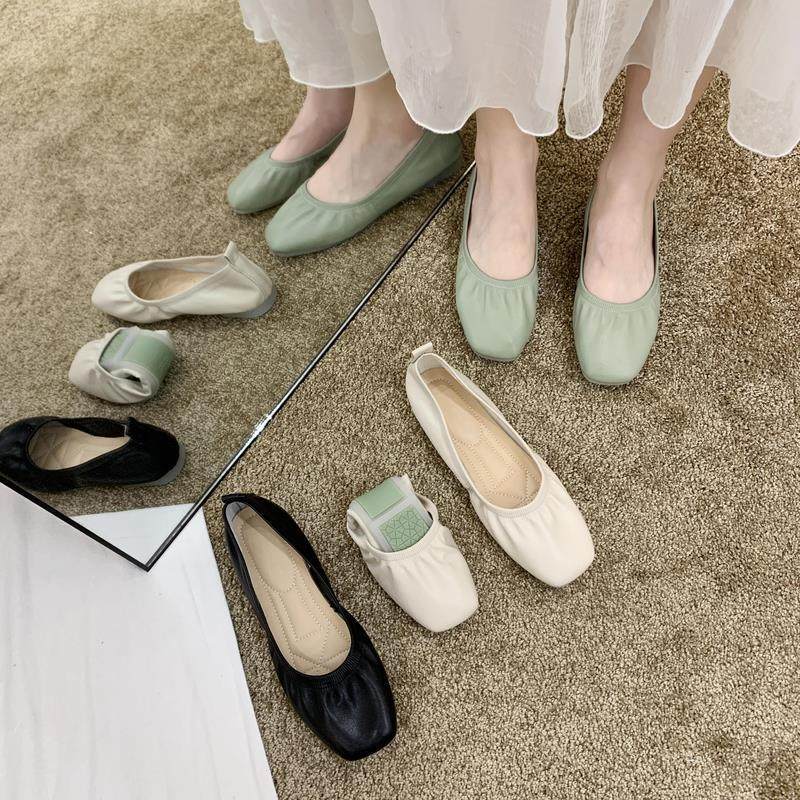 绿色火超软面果冻折纹平头奶奶鞋紧身裤软底豆豆鞋女夏网红单鞋子