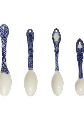 FQR LIVInG丹麦Bloomingville手工制作绘画蓝色浮雕炻瓷勺子四件