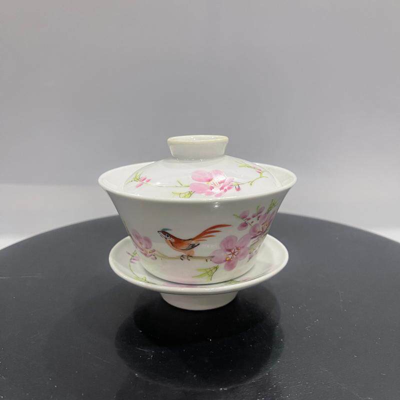 景德镇567老厂货茶具三才盖碗釉上粉彩瓷器花鸟泡茶器家用功夫茶