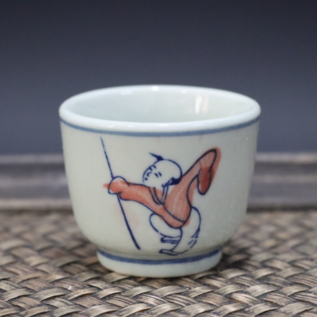 景德镇陶瓷仿古泥青花釉下彩茶杯老厂瓷手绘童子客杯复古酒杯茶碗