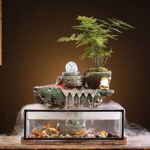速发器意流水加湿创玻璃鱼缸招财喷泉办公室桌关玄面客厅家居开业