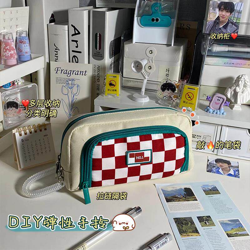 新品棋盘格笔袋简约ins日系y小众收纳袋女帆布铅笔袋学生多功能手