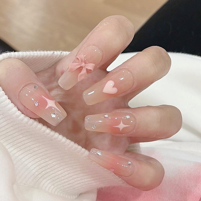 正品梦幻甜心美甲穿戴甲指甲片蝴蝶结腮红中长款假指甲贴片成品学
