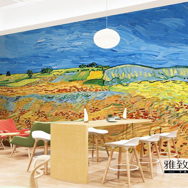 现货梵高丰收稻田油画背景布墙纸农民杂粮直播间五谷丰登壁画乡村