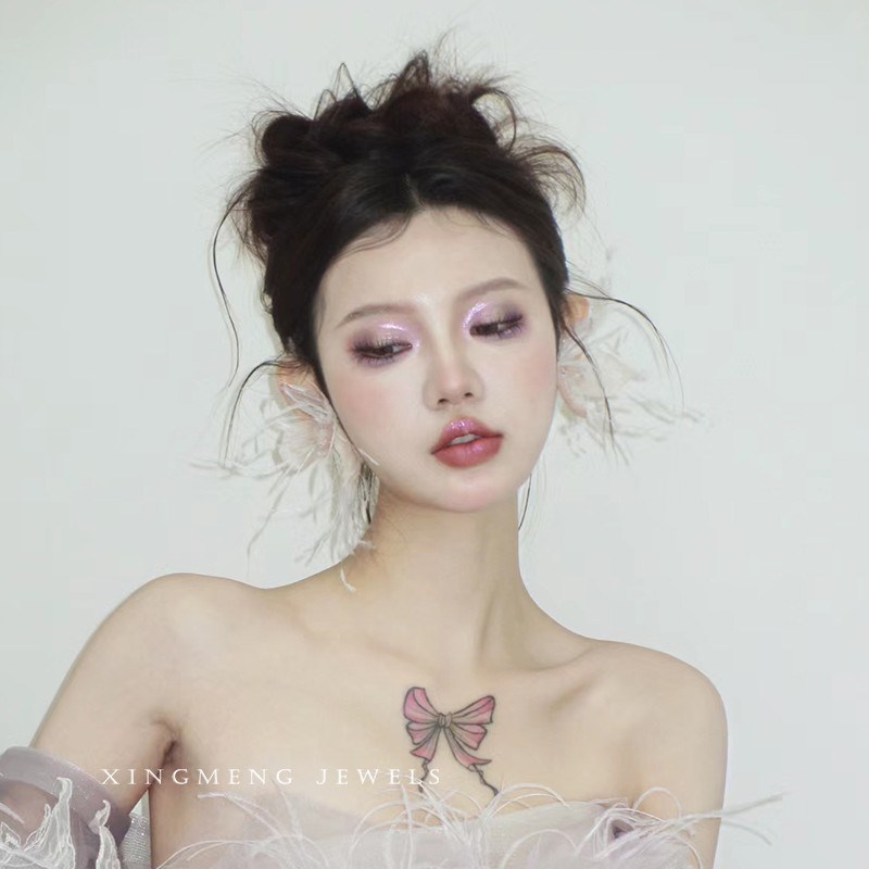 现货新款新娘花朵羽毛耳饰复古仙气耳夹森系甜美耳环结婚礼服跟妆