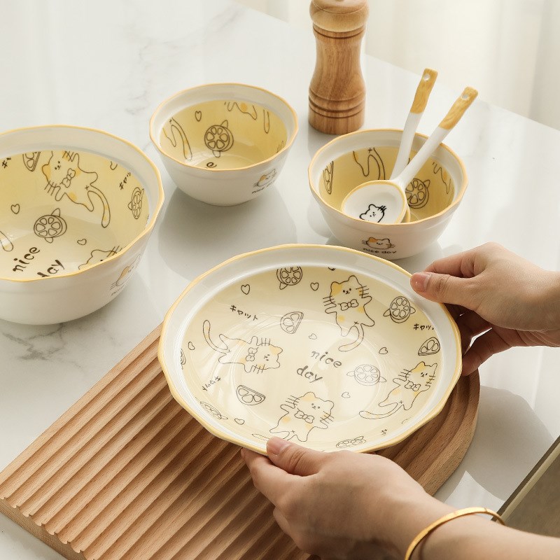 现货新款网红ins柠檬猫可爱陶瓷碗盘6件L套创意个性家用餐具组合