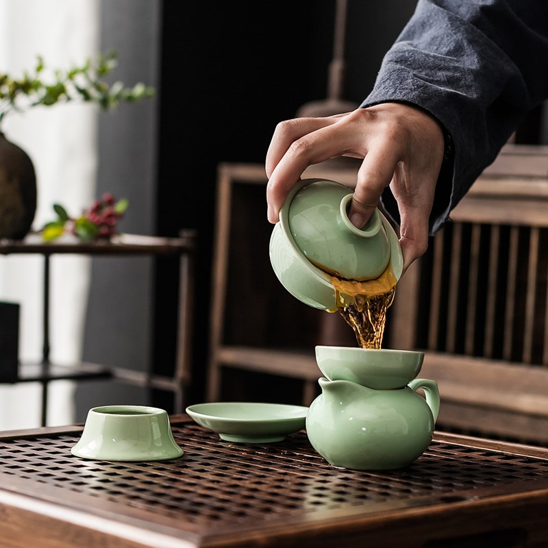 速发青瓷功夫茶具套装陶瓷家用盖碗茶壶茶杯小套办公简约茶道茶艺