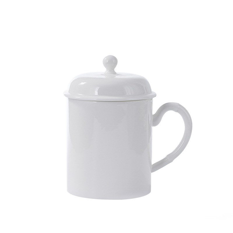 速发景德镇茶杯陶瓷办公杯家用带盖骨瓷水杯会议室泡茶茶杯纯白色