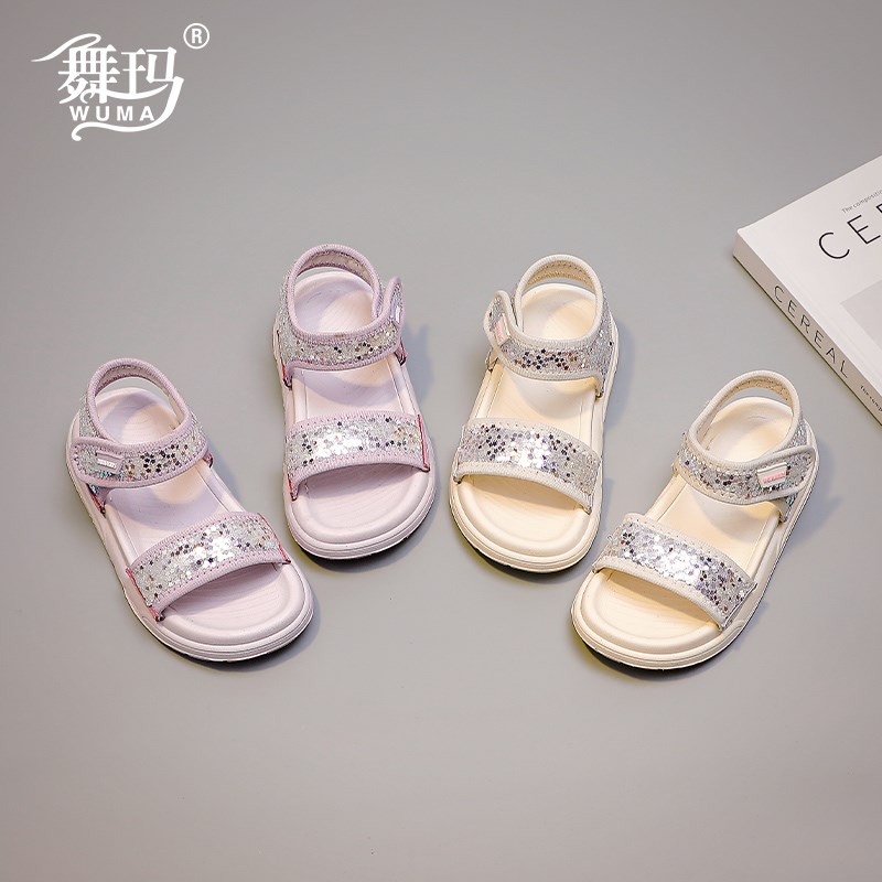 现货女童鞋子儿童公主鞋2024新款夏款小女孩露趾亮片时装软底沙滩