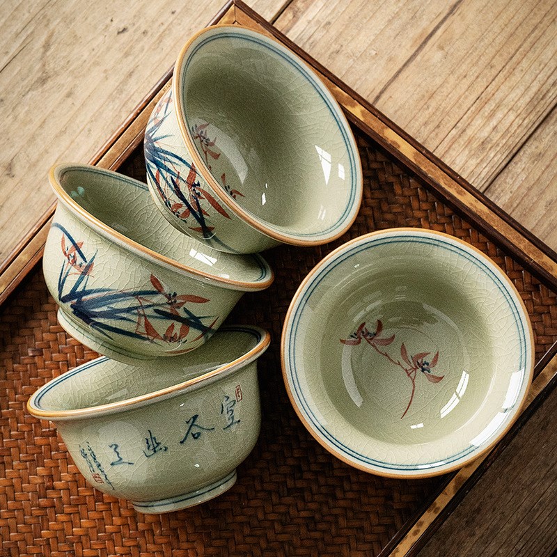 速发老杯泥压手杯手绘空谷幽兰主人陶品茗杯单杯茶盏复古冰裂大茶