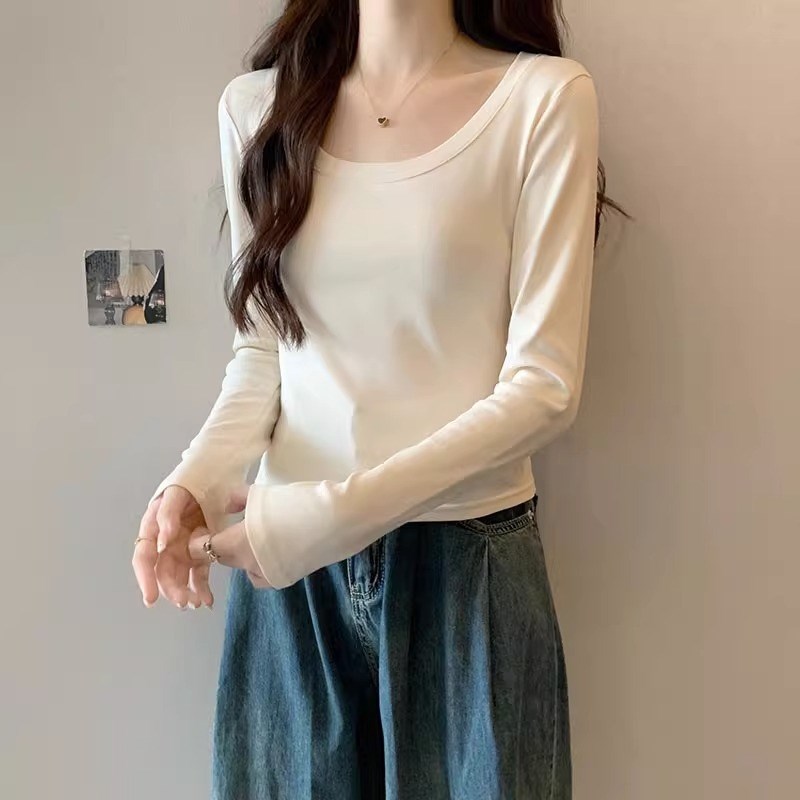 速发纯欲辣妹白色正肩长袖t恤女秋季新款洋气休闲百搭短款小个子