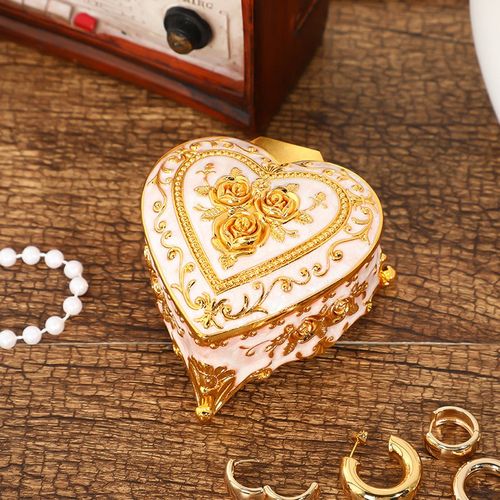 速发精意玫创花首饰盒心形复古彩收纳盒瑰美桌面装饰小摆件