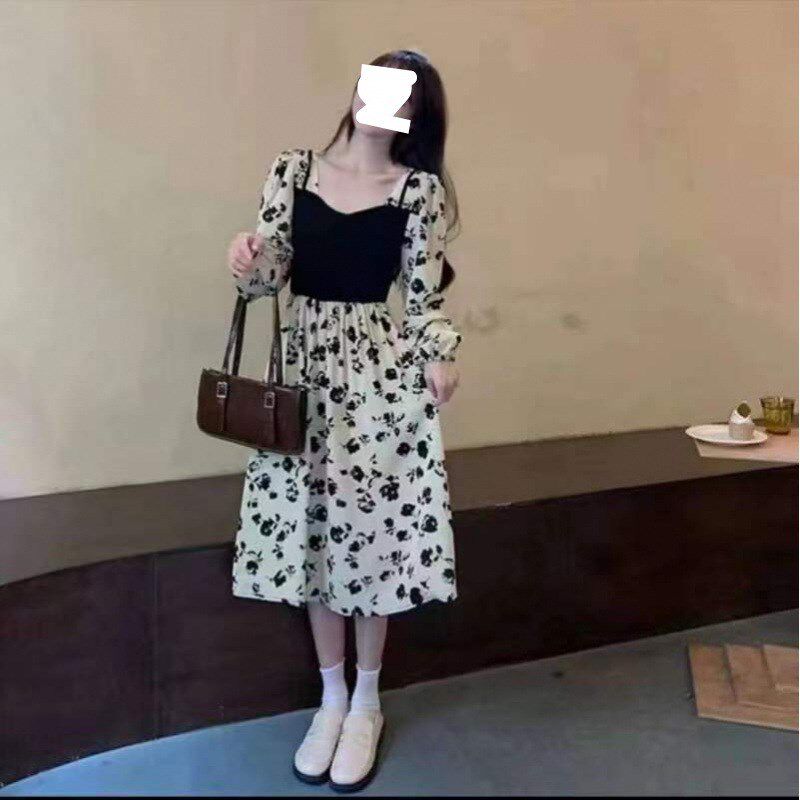 速发玫瑰花外出复法方领碎花赫本风衣式茶歇裙长袖连古裙装